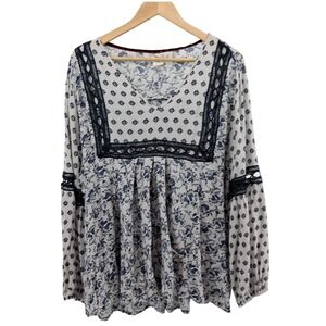 Clover + Scout Sz 2X Boho Peasant Blouse Blue Floral Mixed Print Long Sleeve‎